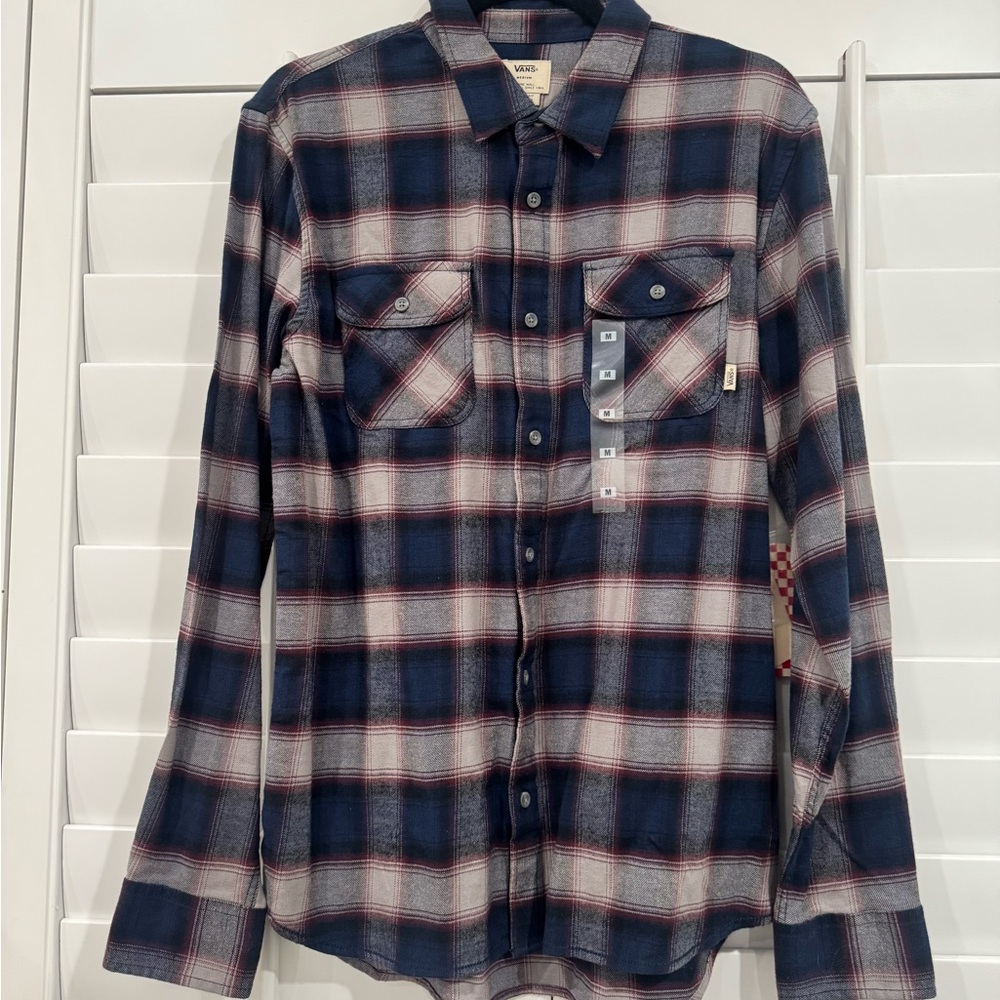 Vans Men's Navy and White Plaid Button Down Shirt